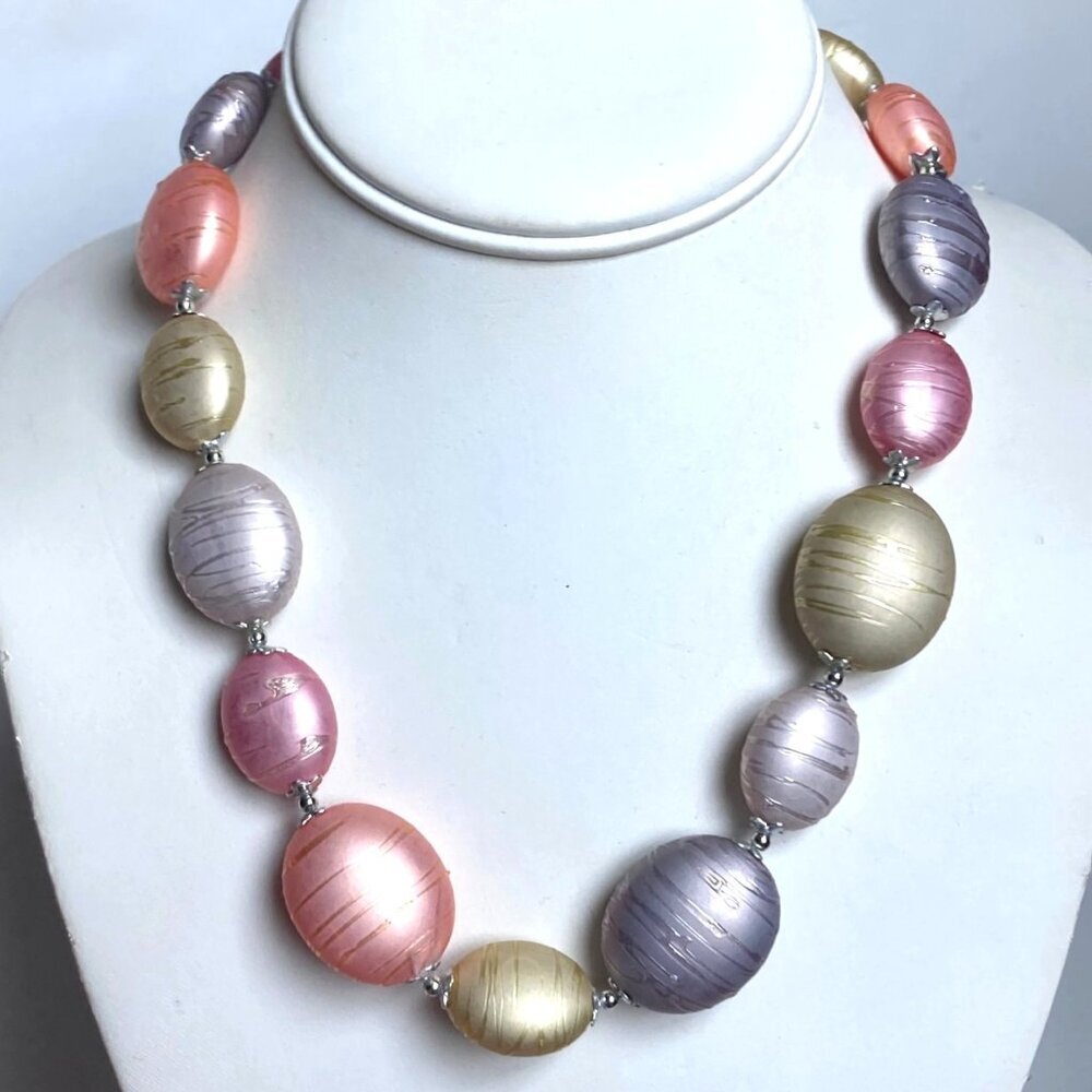 Vintage Pearly Pastel Oval Bead Necklace Orange Yellow Matte Finish Fairy Retro